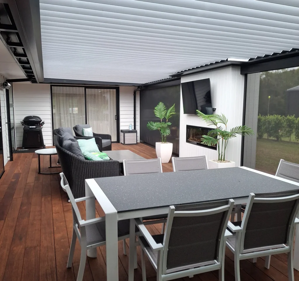 Custom outdoor shade system installed over a family patio.